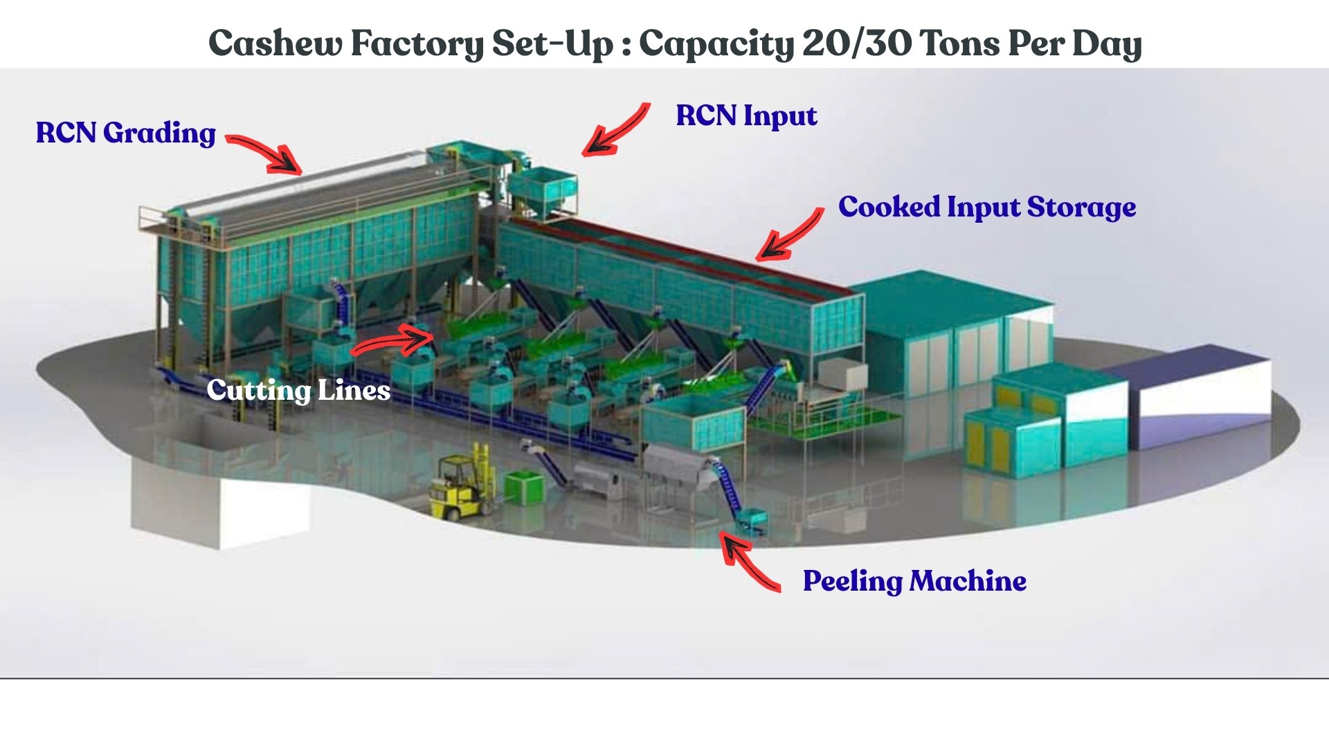 Layout de fábrica de castanha de caju com capacidade de 20 a 30 toneladas por dia